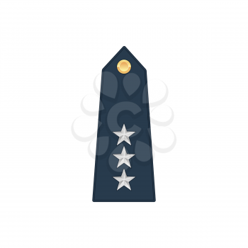 Lieutenant general rank insignia isolated stripe icon. Vector insignia with three stars, military emblem sign on uniform. Enlisted military rank stripe, navy, air or marine forces army chevron