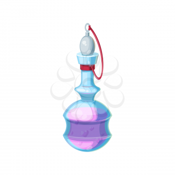 Potion bottle, magic elixir in glass flask isolated realistic icon. Vector magic gui or rpg game cartoon design element. Witch poison, Halloween party object alchemy purple liquid in bottle with cork