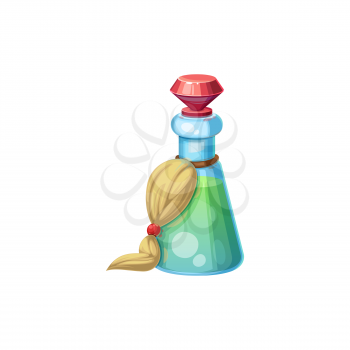 Green wizard potion in flask with red diamond cork isolated cartoon icon. Vector jar with poison drink, witch elixir bottle, magic glass flask, rpg game element. Poison beverage Halloween party object