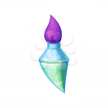 Elixir of love in vial isolated witch potion. Vector mixture in magical bottle, witchcraft poison drink, container of antidote with purple cork. Glass bottle with witch brewery, cartoon design element