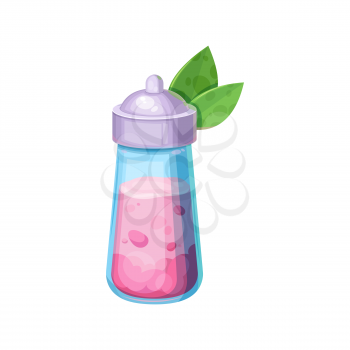 Pink bottle with potion and cap with pair of green leaves isolated Halloween party icon. Vector magic poison liquid in vial, alchemy magical elixir of love or death. Wizard drink, gui rpg game perfume