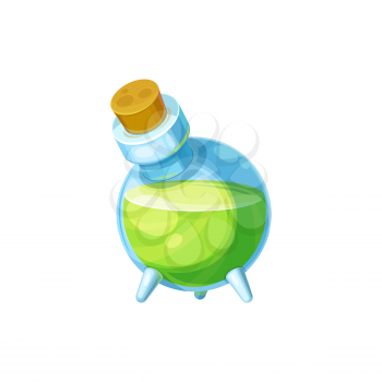 Bottle with elixir and wooden cork isolated icon. Vector apothecary antidote with liquid. Magic drink in glass jar icon, alchemy potion, toxic substance. Elixir in glass flask, gui rpg game element