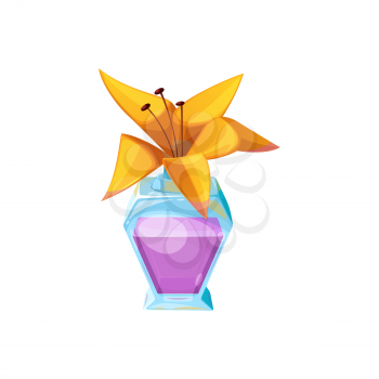 Bottle with elixir and cork cap lily flower isolated icon. Vector alchemy potion, toxic substance with yellow flowering plant. Apothecary antidote, magic drink in glass jar icon, witchcraft vial