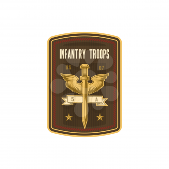 Infantry troops military chevron, squad with sword and eagle wings isolated. Vector special forces, squad chevron emblem, US army mascot with golden falcon. Military sub-subunit, trooper badge