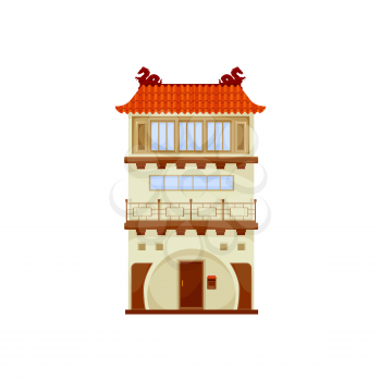 Traditional China town building isolated ancient asian architecture structure. Vector Chinese building with dragons on roof, facade exterior design, house with entrance door and windows, home