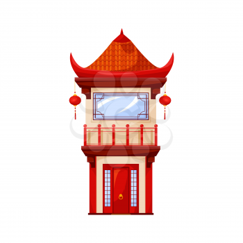 China or Japan temple architecture isolated red oriental building icon. Vector traditional chinatown pagoda with red paper festive lanterns. Facade exterior design, ancient asian structure