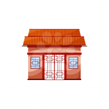 Traditional Chinatown house facade exterior design isolated temple gate. Vector red building ancient asian architecture structure, chinatown city ethnic asian pavilion or temple with gate entrance