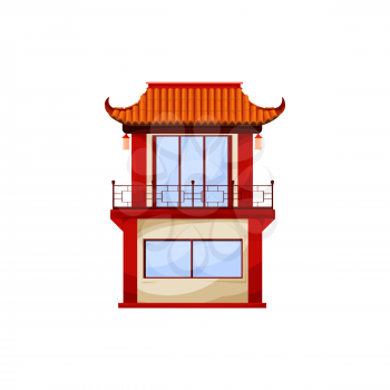Japanese, korean or chinese architecture building with red roof isolated icon. Vector China pagoda with red roof, asian retro house. Oriental pavilion, vintage eastern temple palace facade exterior