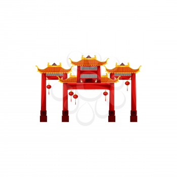 Entrance with roof isolated Chinese, korean or Japanese gate building decorated by hanging lanterns. Vector ancient asian temple entrance design. Chinatown door, ornaments with dragon, oriental style