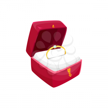Golden ring in luxury box, wedding or engagement attribute isolated icon. Vector gold jewelry decorated by precious gemstone brilliant or diamond. Soft pillow in red cases of square shape isolated