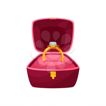 Velvet box with golden ring wedding symbol isolated cartoon icon. Vector pillow in red case of square shape with engagement ring with diamond germstone. Gold jewelry decorated by brilliant or adamant