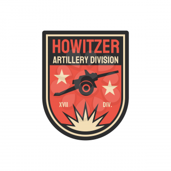 Howitzer artillery division, short gun for firing shells on high trajectories isolated military chevron. Vector army unit to defense in battle, american fighting forces patch on uniform