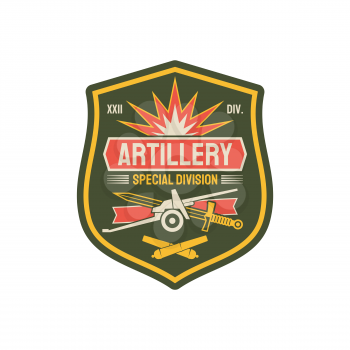 Artillery division military chevron with heavy machinery, sword and crossed rocket bombs. Vector american fighting forces seal, army officer rank patch on uniform, artillery unit to defense in battle