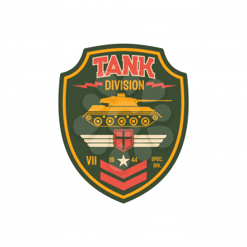 Armed us infantry patch on uniform tank division military chevron. Vector patriotic emblem, survival heavy troops insignia. Armored division officer rank in armed forces defense seal on jacket