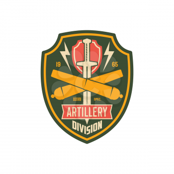 Artillery army unit to defense in battle isolated american fighting forces seal, patch on officer uniform. Vector artillery division military chevron with sword, crossed bomb rockets, infantry troops