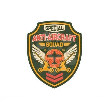 Infantry squad with anti-aircraft machine, tank tracks operation, plane and eagle wings. Vector anti aircraft artillery military chevron with armored vehicle, target aim. Air defense, warfare seal