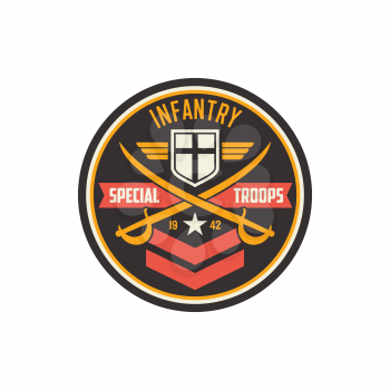Infantry special troops military chevron with crossed swords, flag emblem and army insignia. Vector squad with crossed swords, military sub-subunit, trooper badge emblem. US army mascot with star