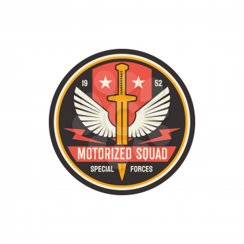 Motorized infantry squad military round emblem with sword and swings, special forces troops. Vector US sub-subunit of non-commissioned officer seal. Special forces squad, military chevron, army mascot