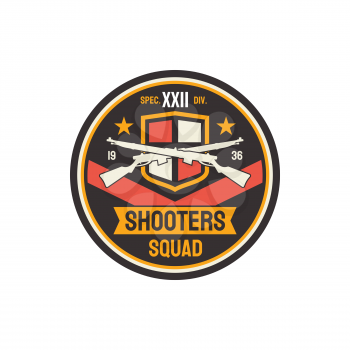 Shooters special snipers squad military chevron with crossed optical rifles and flag isolated. Vector gunpoint gun, armored troops emblem. American soldier insignia, US army patch with armour rifle