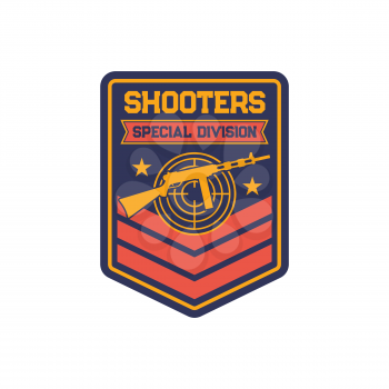 Shooters snipers squad military chevron, patch on uniform of special division isolated template. Vector Military chevron with sniper optical gun and target aim gunpoint gun, armored troops emblem