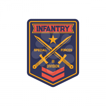 Special forces chevron, infantry troops military squad with crossed sword and officer rank emblem isolated. Vector military sub-subunit, trooper badge on uniform. Special forces, squad chevron emblem