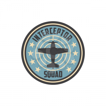 Interceptor squad army chevron insignia on non-commissioned officers uniform isolated patch with military aircraft. Vector wwii plane, airplane jet fighter, supermarine spitfire. Propelled jet emblem