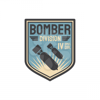 Patch on officer uniform isolated army insignia of bomber division. Vector aviation bomber jet fighter, bombing aircraft, patch on non-commissioned officers uniform. Label on military apparel