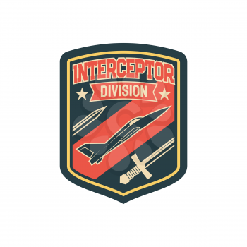 Army chevron insignia of intercopter plane squad with flying bombs isolated patch on uniform of on non-commissioned officers. Vector high speed plane, airplane jet fighter, supermarine spitfire jet