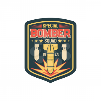 Bomber division patch on uniform with flying bombs isolated special bomber squid. Vector label on military apparel, bombing rockets. Aviation bomber jet fighter, bombing aircraft, air-forces chevron