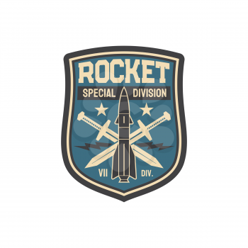 Patch on uniform with rocket aviation bomb and crossed swords isolated military chevron. Vector US army sticker, aviation or navy bomb, vintage emblem with flying jet, fighter fireteam label