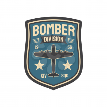 Bomber division army chevron insignia of interceptor plane squad isolated military patch with aviation plane. Vector military aircraft, wwii plane, supermarine spitfire, airplane jet fighter