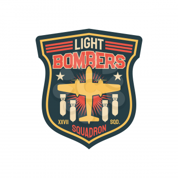 Patch on officer uniform isolated army insignia of bomber division, aircraft and flying bombs. Vector bombing aircraft, label on apparel. Aviation bomber jet fighter, squadron military division