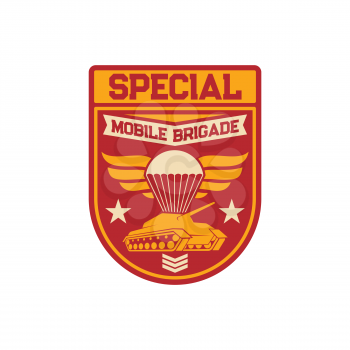 Tank and airborne forces special squad isolated military chevron of armored division. Vector survival heavy troops with tank tracks and parachutes, skydiving parachuting. Officer insignia armed forces