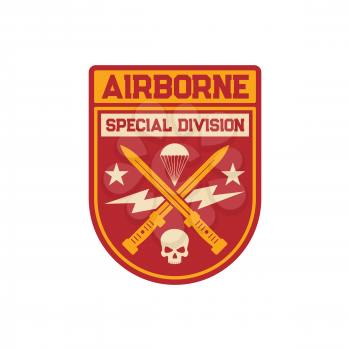 Airborne special division military chevron with crossed swords, parachute and skull patch on uniform. Vector army air squad, parachuting skydiving aviation forces, shield with weapon, air troops