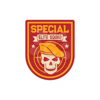 Elite special squad navy marine maritime or aviation forces isolated patch on military officer uniform with skull in beret cap with target. Vector insignia of armed forces of naval and avian warfare