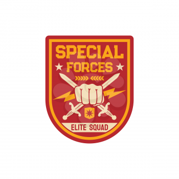 Squad infantry troops, military chevron with crossed sword and fist, thunders isolated army insignia on officer uniform. Vector special forces US army mascot, military sub-subunit, trooper badge