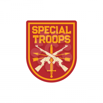 Infantry special troops military chevron, squad with sword and crossed rifles, archery arrows isolated patch on uniform. Vector special forces, squad emblem, US army mascot with weapon, insignia seal