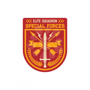 Special forces elite squadron chevron, infantry troops military squad with crossed arrows, heraldry ribbon banner, olive branches. Vector military trooper badge or patch on uniform, squad emblem