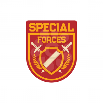 Infantry troops military squad with crossed swords, frame and heraldry olive branches. Vector special forces elite squadron chevron, patch on uniform, army squad. Military armored trooper badge