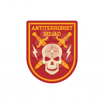 Military anti terrorist squad patch on uniform with crossed swords, skull with target aim, thunder signs isolated. Vector special forces elite squadron, armored trooper badge special troops chevron