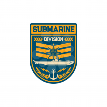 Submarine division special squad navy marine maritime forces isolated patch on military officer uniform. Vector chevron with windrose, submarine and anchor, insignia of armed forces of naval sub boat