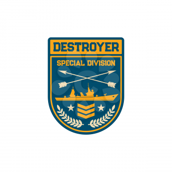 Destroyer submarine maritime division special squad isolated army chevron. Vector navy marine forces patch on military officer uniform. Chevron with sub boat, crossed arrows and olive oil branches