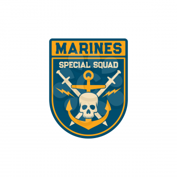 Special squad of maritime division special squad isolated army chevrons with crossed swords, anchor and skull skeleton head isolated patch on uniform. Vector navy marine forces shield sticker