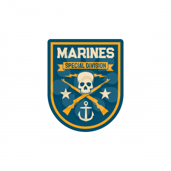Maritime navy special division chevron with crossed rifles, skull head skeleton and anchor isolated patch on military uniform. Intelligence squad of marine forces, insignia of armed naval combat