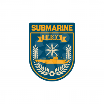 Naval maritime operations chevron of submarine division special squad isolated army officer patch on uniform. Vector navy marine forces chevron with sub boat, windrose and olive oil branches
