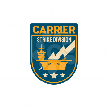 Chevron with maritime ship boat shipping and carrying tactical weapons isolated navy division special squad, army navy forces patch. Marine operations department chevron of strike division carrier