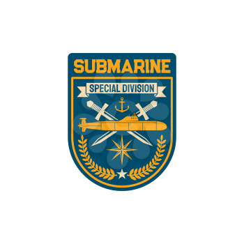 Submarine special division squad with crossed swords and sub boat, anchor and windrose compass sign, olive branches isolated military patch. Vector navy marine maritime forces insignia of armed forces
