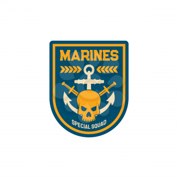 Maritime forces patch on uniform with sword anchor, dead mariner skull isolated special squad emblem. Vector marines special squad with naval symbols maritime military chevron navy officer patch