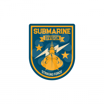 Submarine division special squad of sriking forces isolated army boat and thunder sign. Vector navy marine maritime patch on military officer uniform. Sub boat, insignia of armed forces of naval ship