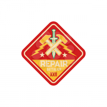 Engineering squadron repair battalion army patch with crossed hammers and sword isolated patch on military uniform. Vector engineers division squad of special elite forces, engineer troops emblem